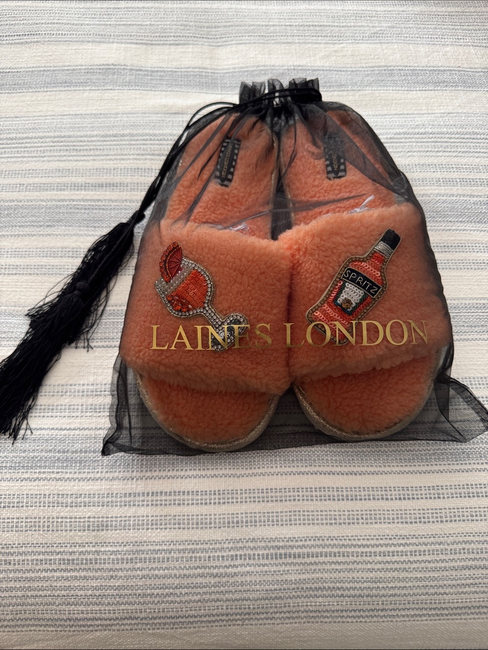 Laines London Orange Shearling Slide Slippers with Embellished Cocktail Patches